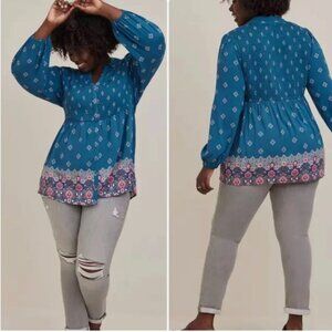 Torrid Women's Plus Babydoll Rayon Slub Smocked Button-Front Tunic Top Sz 1X NEW